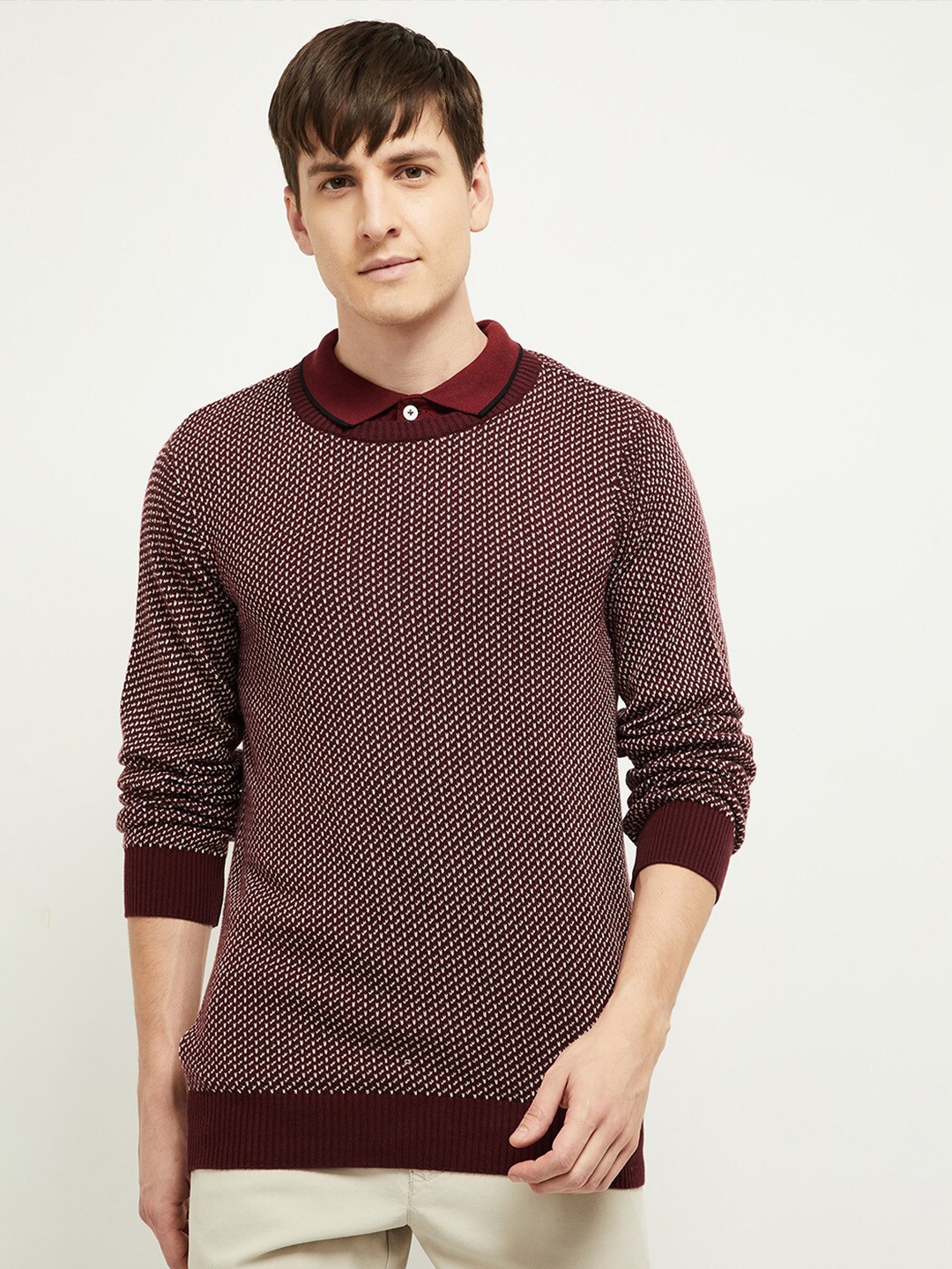 

max Men Maroon & White Ribbed Pullover