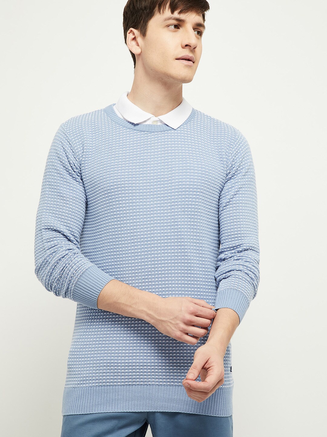 

max Men Blue Ribbed Acrylic Pullover