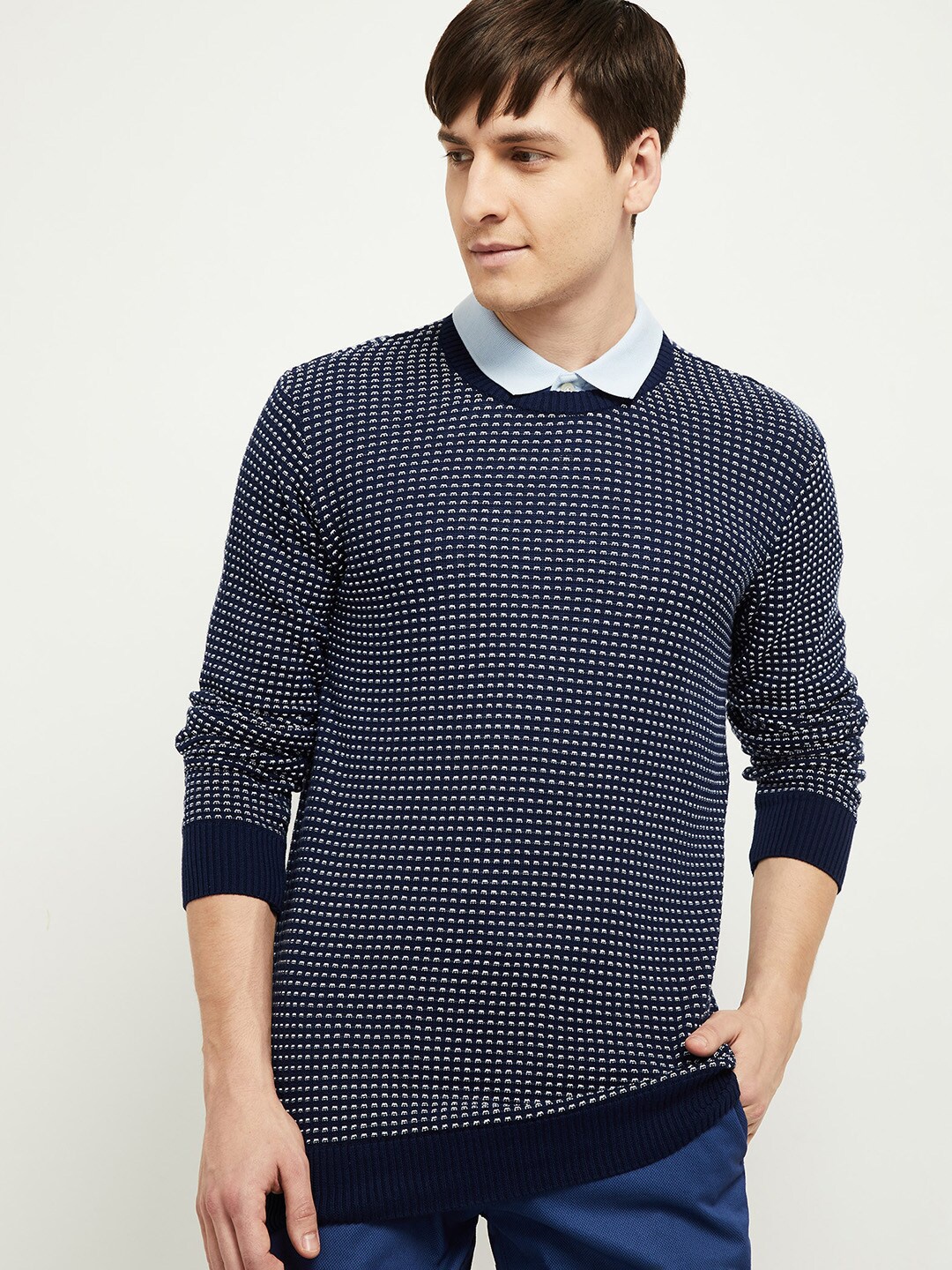 

max Men Navy Blue & White Printed Pure Acrylic Pullover Sweater