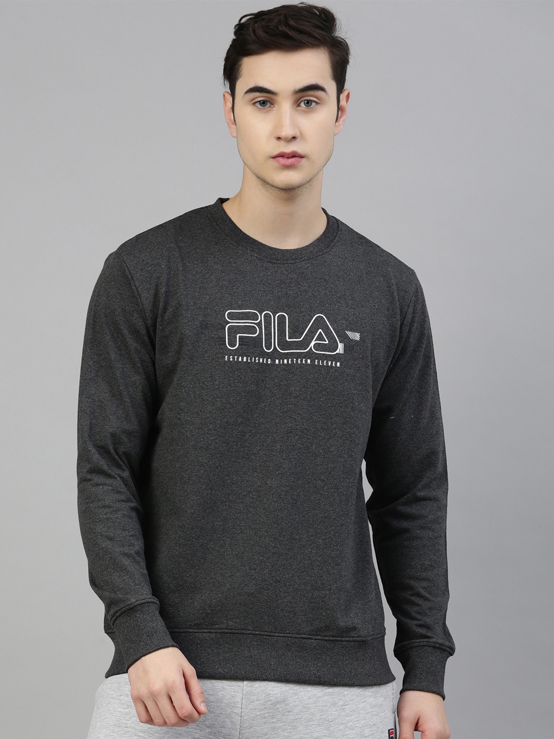 

FILA Men Charcoal Grey & White Brand Logo Printed Cotton Sweatshirt