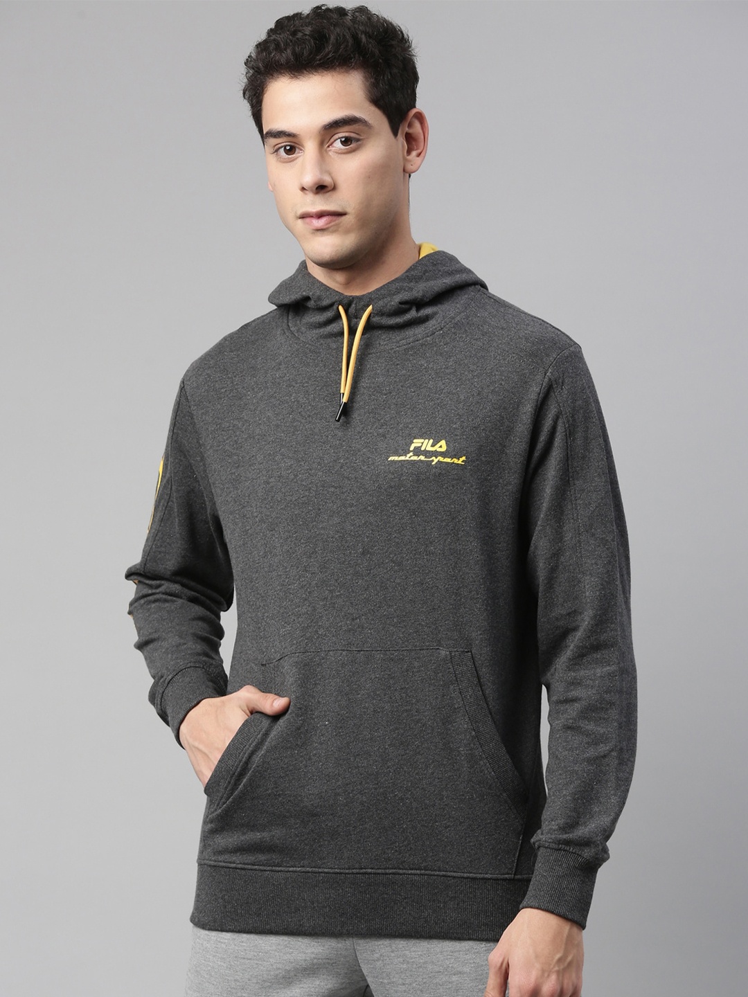 

FILA Men Black & Yellow Brand Logo Printed Hooded Cotton Sweatshirt