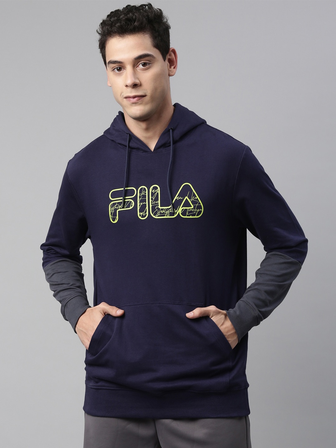 

FILA Men Blue & Green Brand Logo Printed Hooded Cotton Hamish Sweatshirt