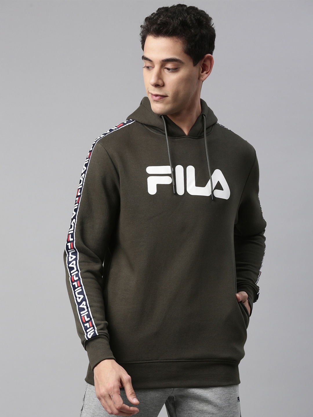 

FILA Men Olive Green & White Brand Logo Printed Hooded Cotton Pablo Sweatshirt