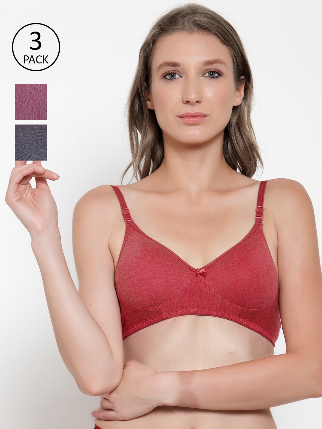 

Innocence Red, Purple & Grey Set Of 3 Non Wired Lightly Padded Bra