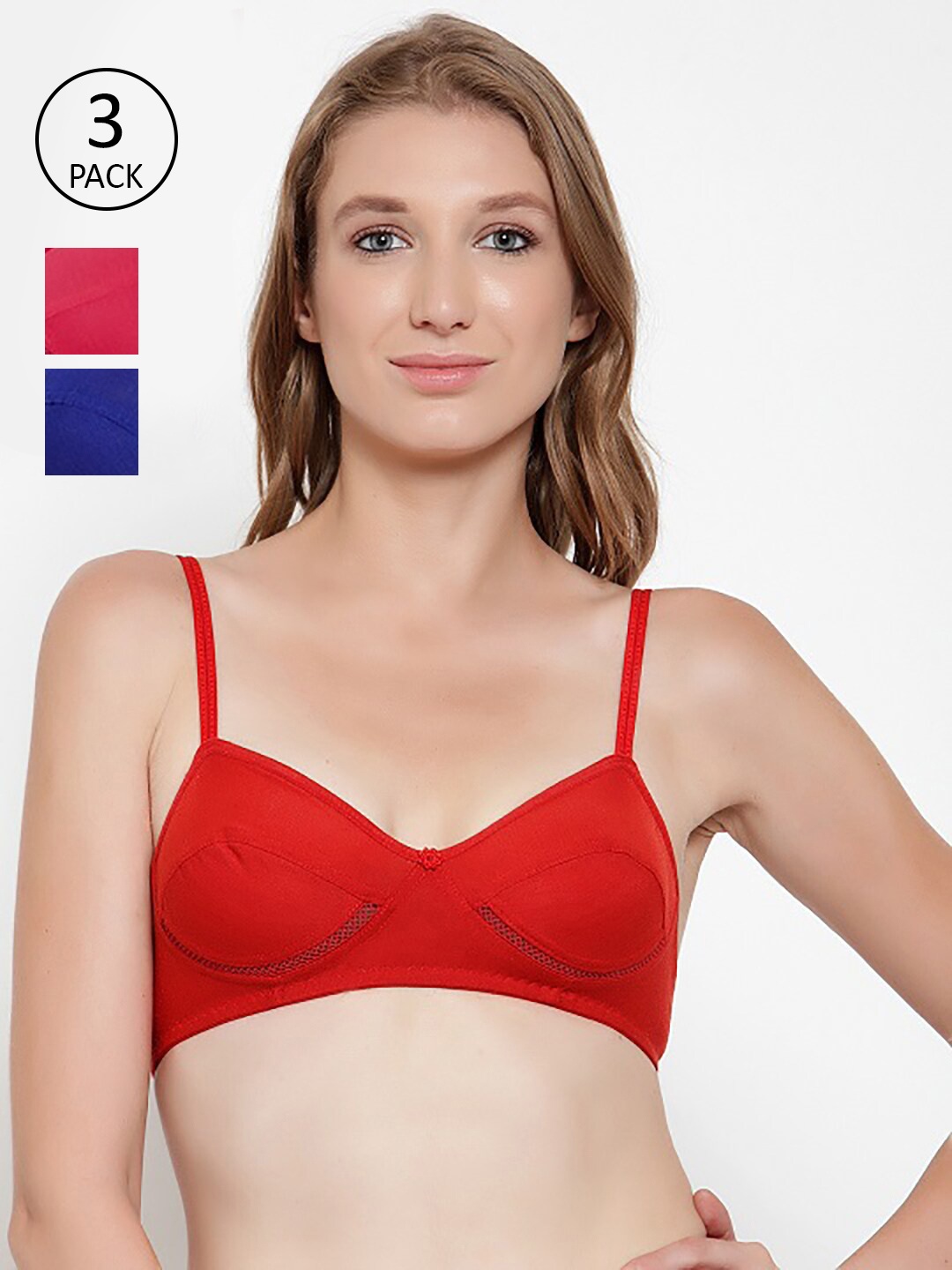 

Innocence Pack of 3 Red & Blue Solid Non Wired Full Coverage Everyday Bra