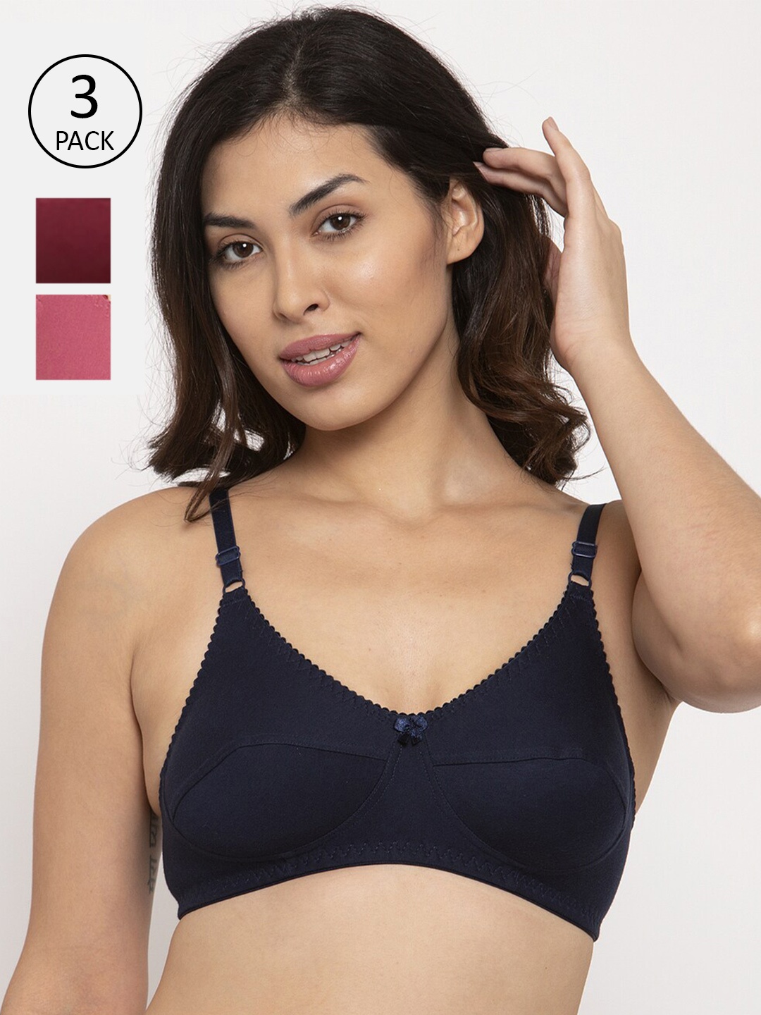

Innocence Navy Blue & Pink Solid Pack of 3 Non Padded Non Wired Everyday Bra