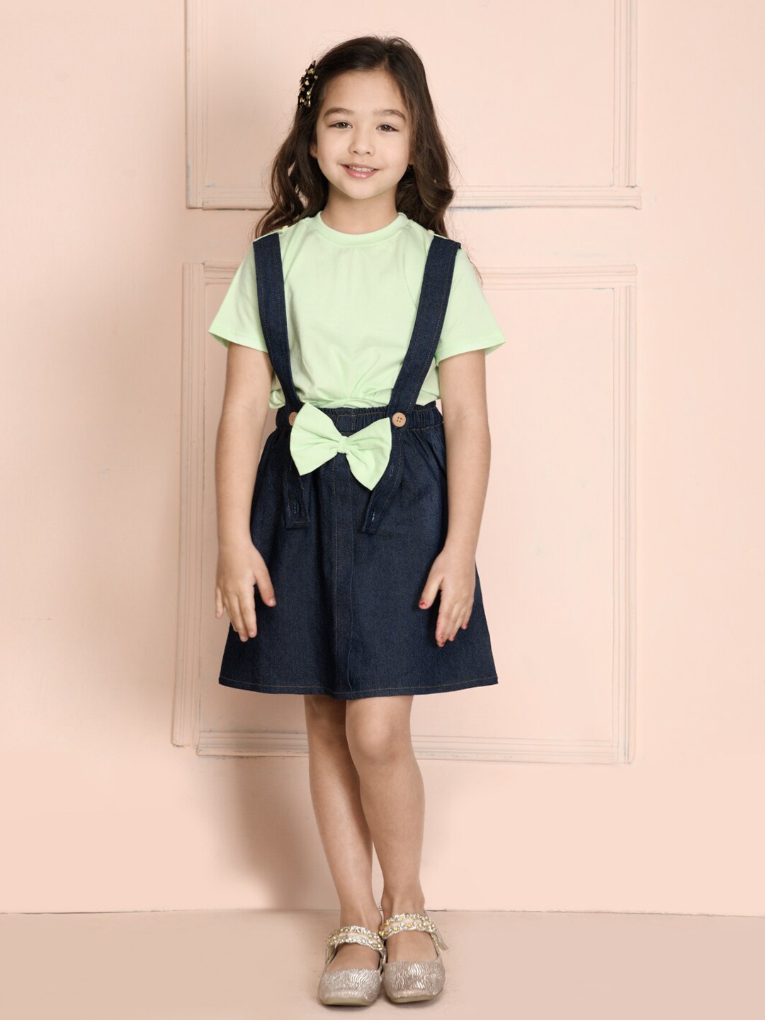 

LilPicks Girls Top with Blue Skirt with Attached Suspender, Lime green