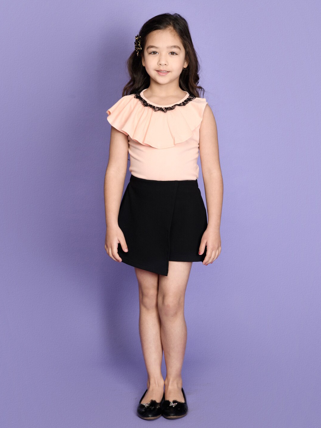 

LilPicks Girls Peach-Coloured & Black Ruffled Top with Skirt