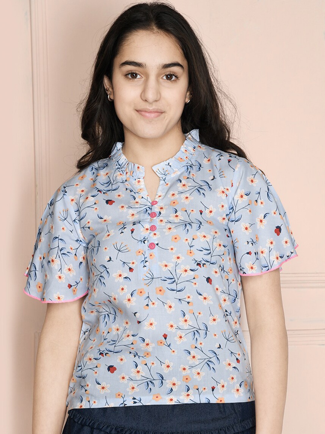 

LilPicks Girls Blue Floral Print Mandarin Collar Crepe Top