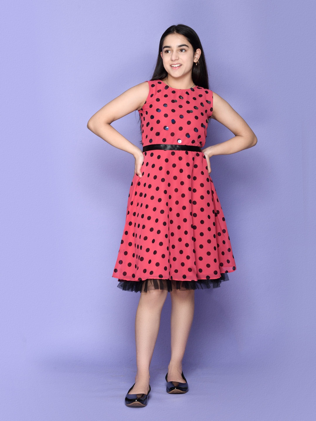 

LilPicks Girls Pink & Black Polka Dot Printed Georgette Dress