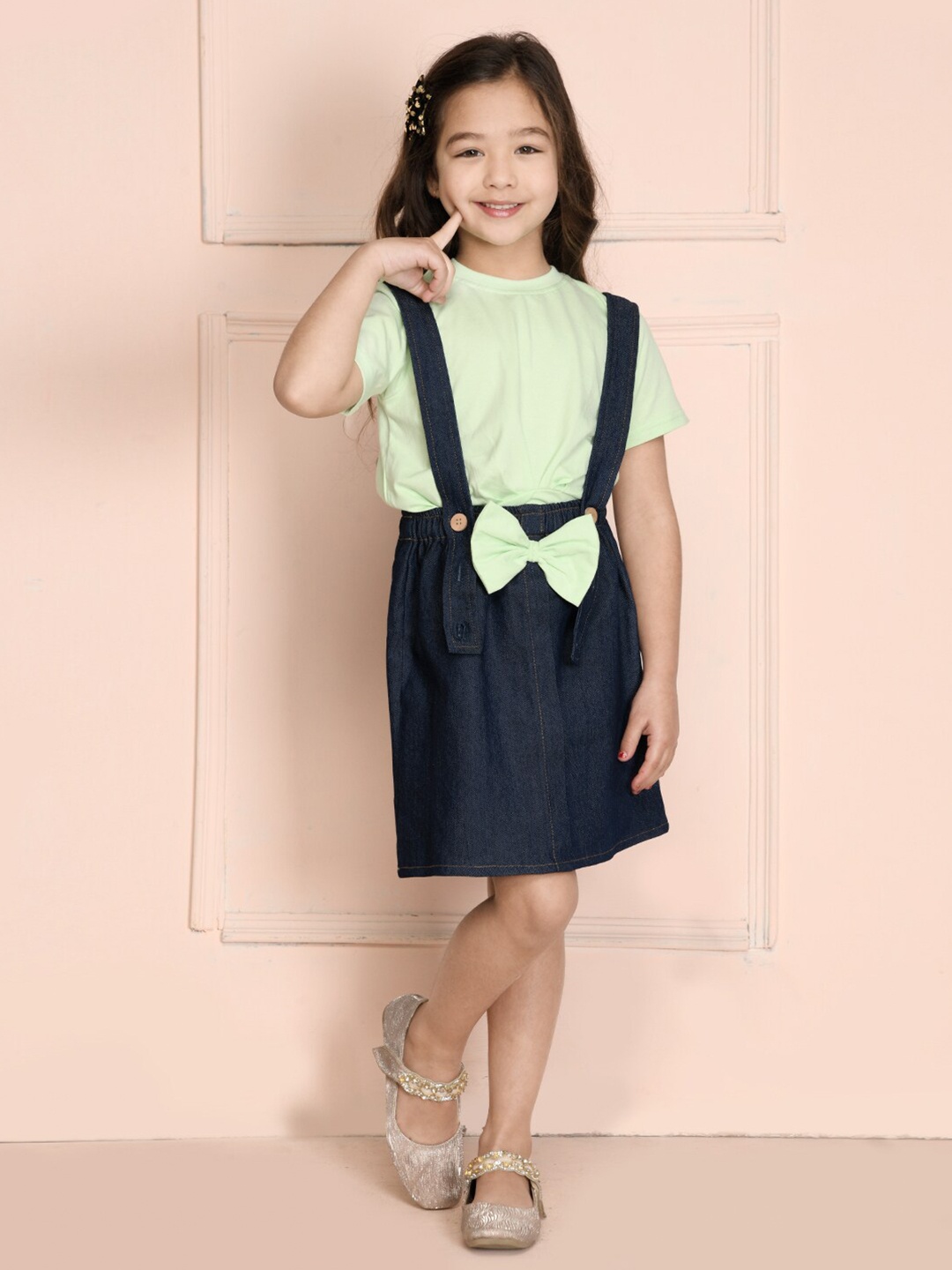 

LilPicks Girls Top with Blue Skirt with Attached Suspender, Lime green