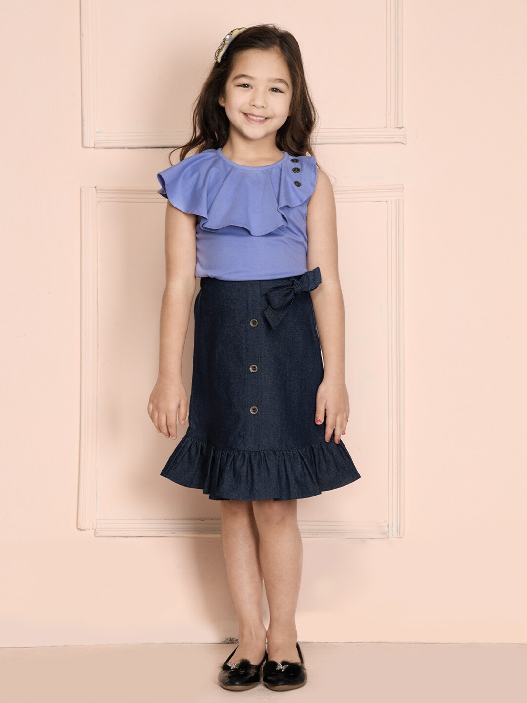 

LilPicks Girls Lavender & Blue Solid Top & Button Down Denim Skirt