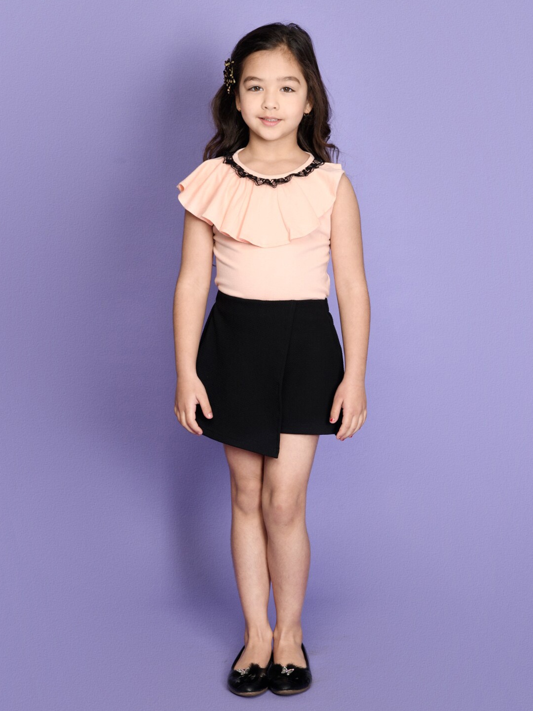 

LilPicks Girls Peach-Coloured & Black Top with Skirt
