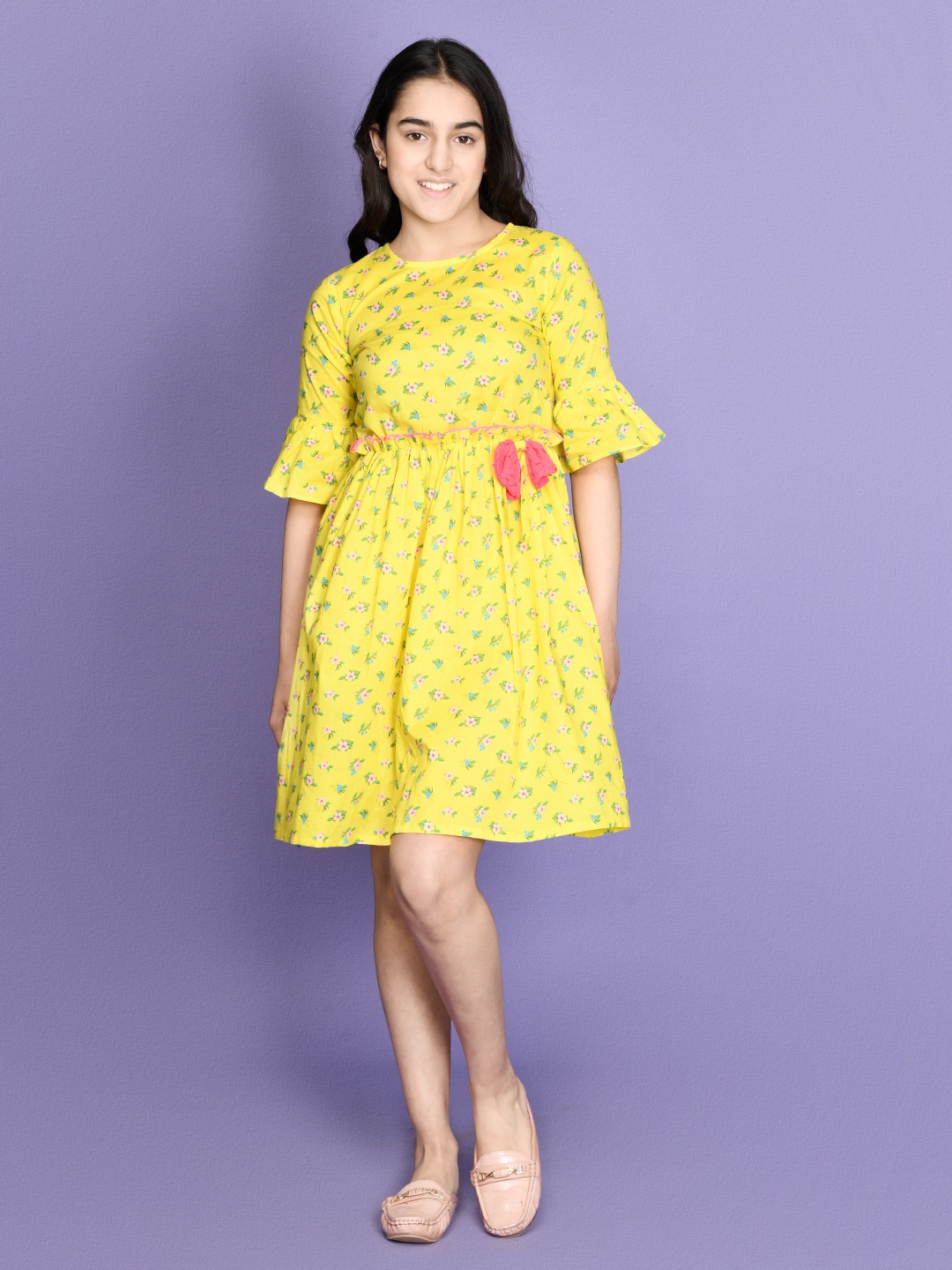 

LilPicks Girls Yellow & Green Floral Cotton Dress