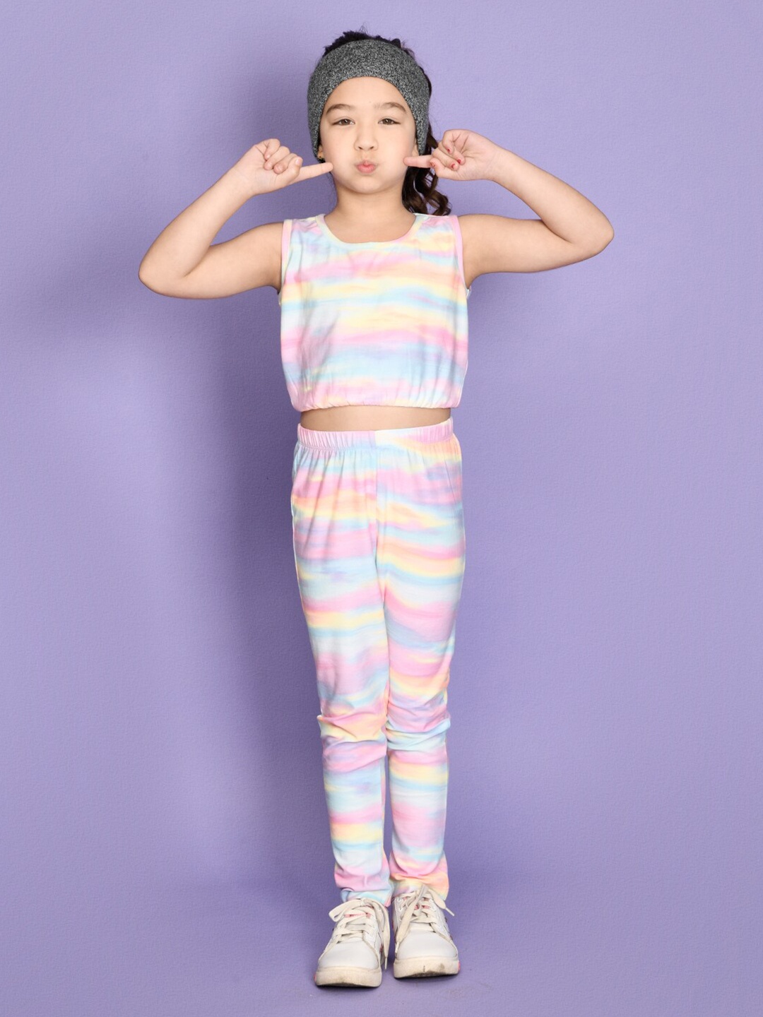 

LilPicks Girls White & Pink Printed Top with Leggings