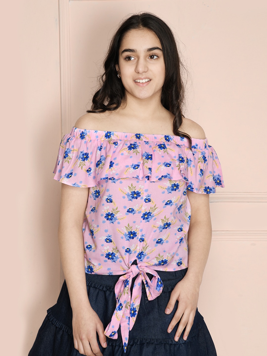 

LilPicks Girls Pink & Blue Floral Print Off-Shoulder Crepe Bardot Top