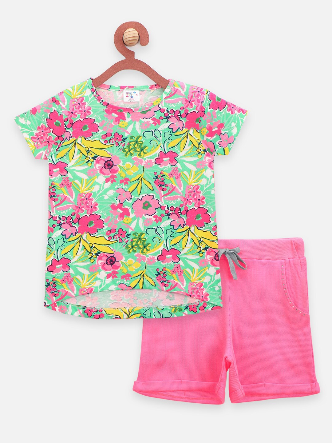 

LilPicks Girls Green & Pink Printed Top with Shorts