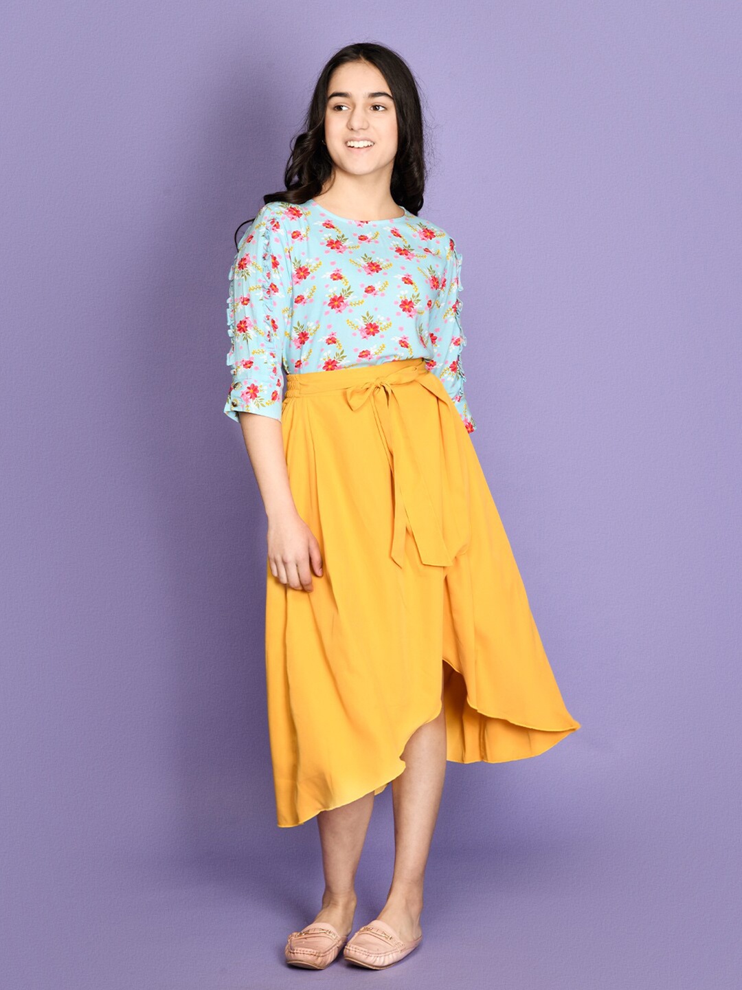 

LilPicks Girls Yellow & Blue Printed Top with Yellow Asymmetrical Skirt Set, Turquoise blue