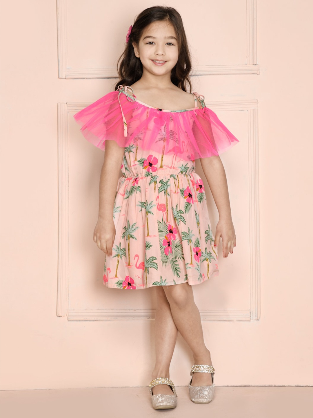 

LilPicks Girls Pink & Green Floral Off-Shoulder Crepe Dress