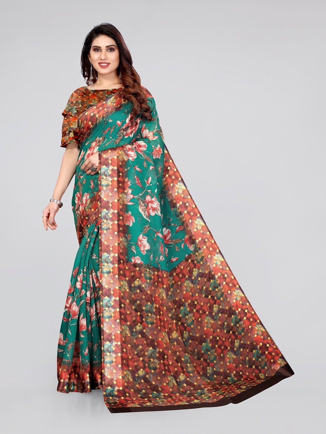 

KALINI Teal & Red Floral Printed Bagh Saree