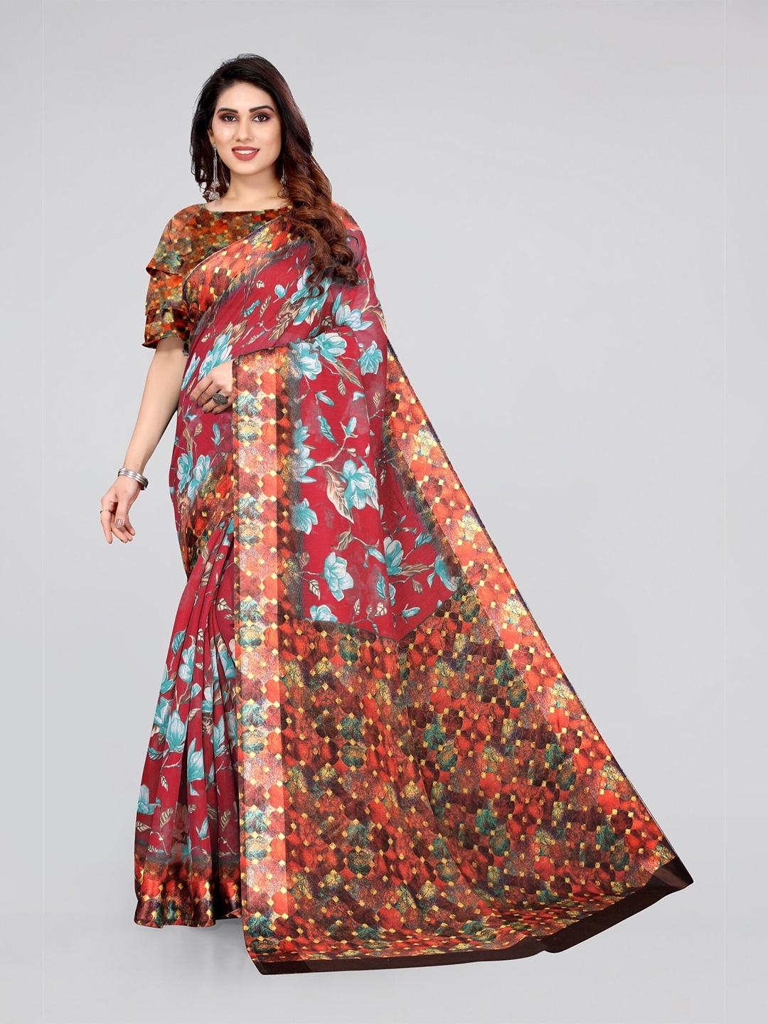 

KALINI Red & Multi Color Floral Printed Poly Cotton Bagh Saree
