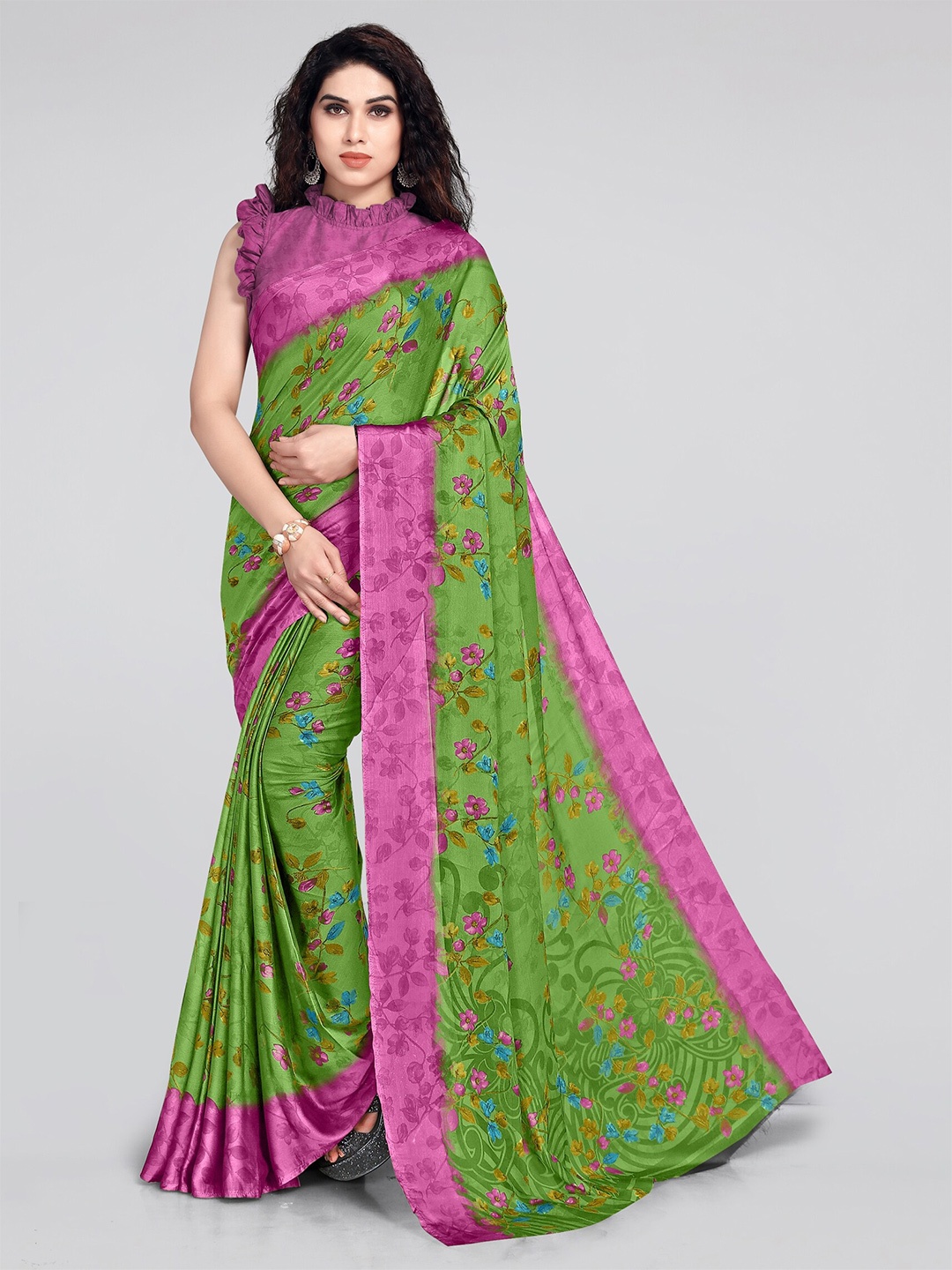 

KALINI Green & Pink Floral Printed Poly Chiffon Bagh Saree