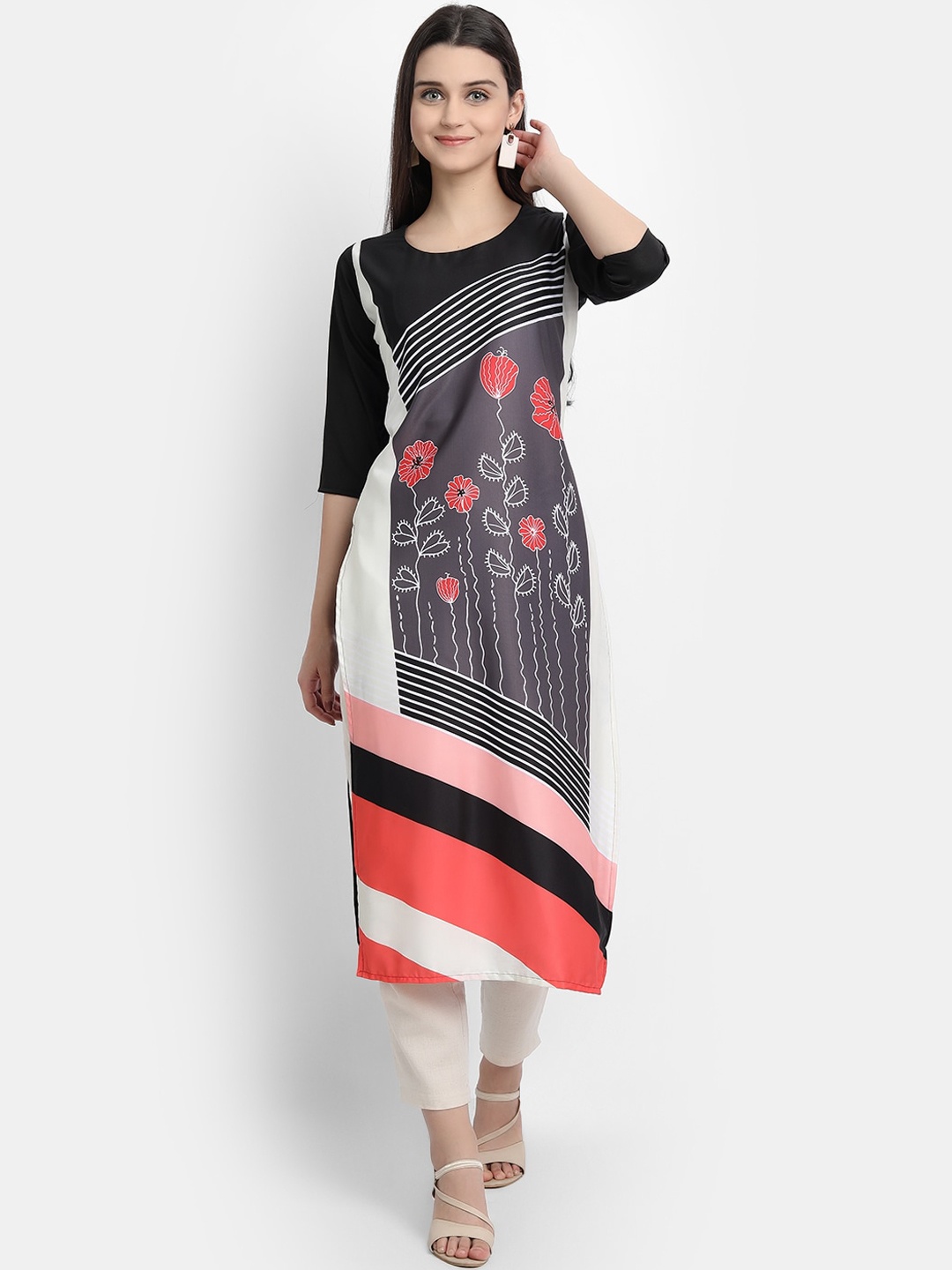 

7Threads Women Black & Peach-Coloured Geometric Striped Crepe Kurta