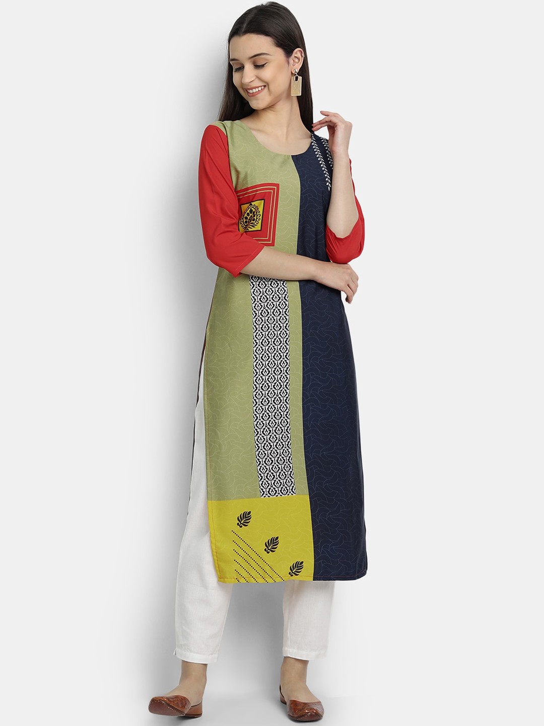 

7Threads Women Multicoloured Geometric Colourblocked Patchwork Crepe Kurta, Multi