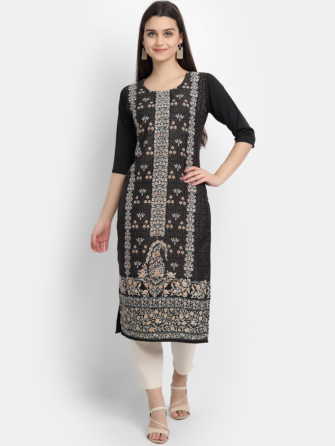 

7Threads Women Black Ethnic Motifs Printed Crepe Kurta