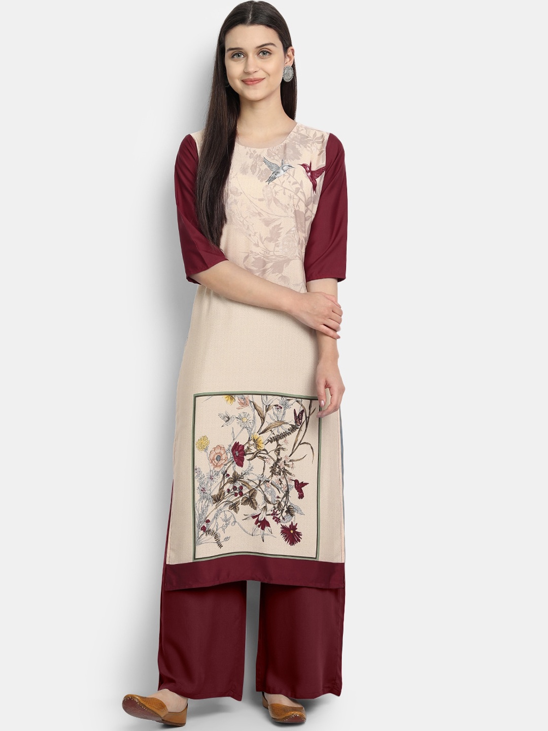 

7Threads Women Beige & Maroon Printed Crepe Kurta