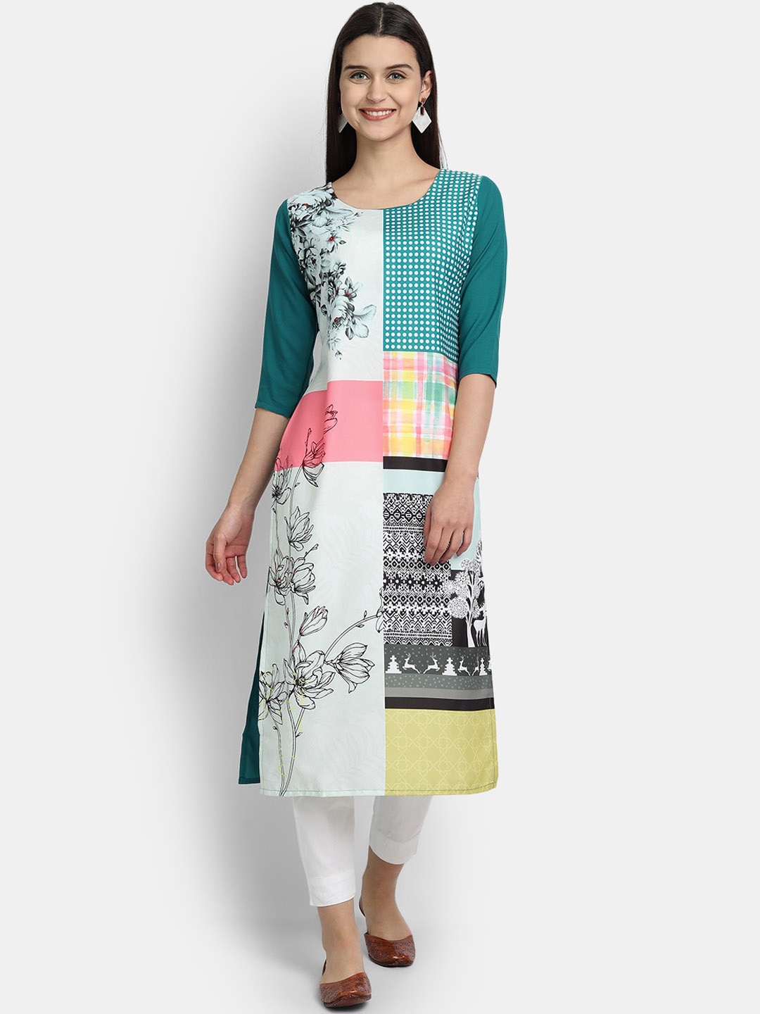 

7Threads Women Green & Pink Floral Printed Crepe Straight Kurta