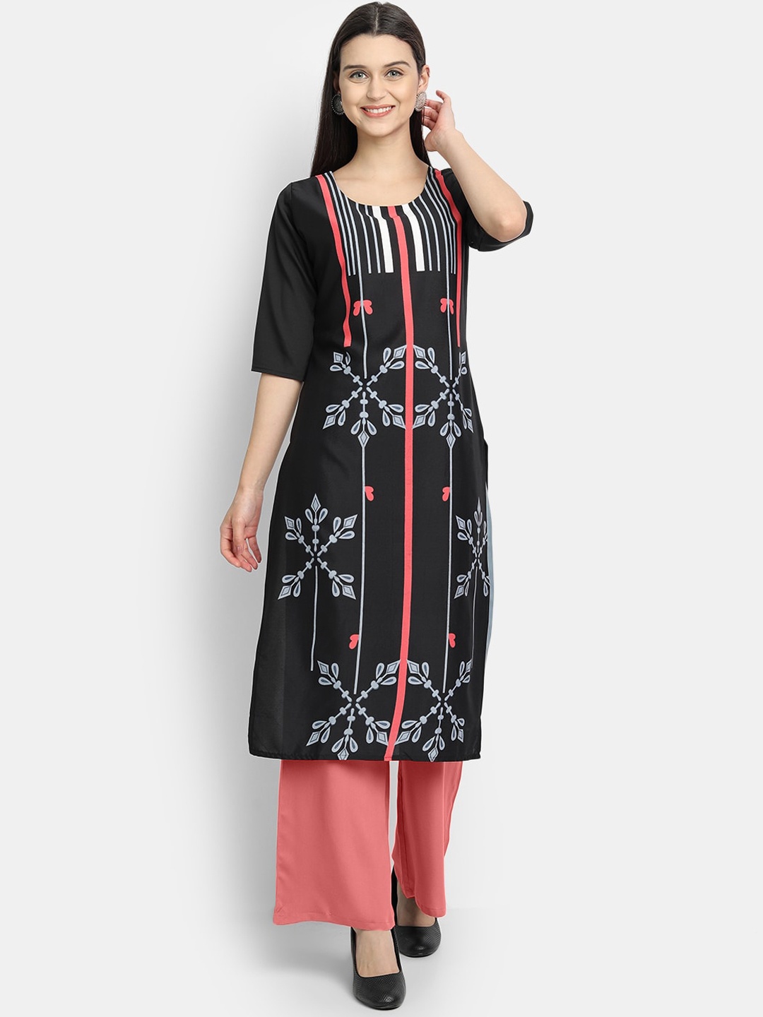 

7Threads Women Black Floral Printed Crepe Kurta