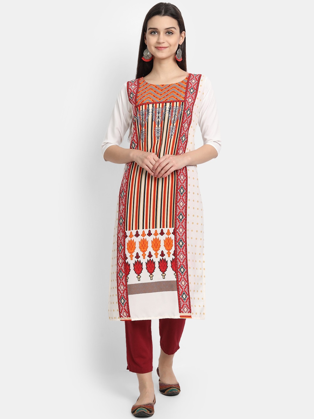 

7Threads Women White Geometric Printed Thread Work Crepe Kurta