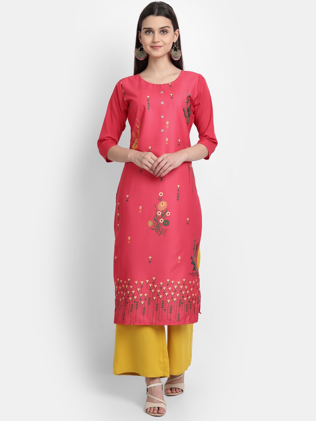 

7Threads Women Pink & Yellow Floral Printed Crepe Straight Kurta