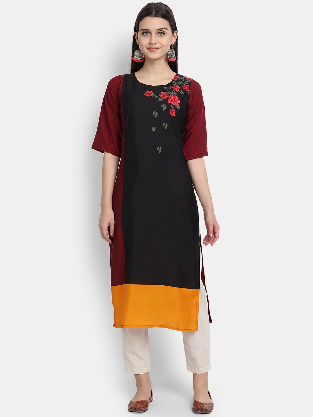 

7Threads Women Black & Red Floral Printed Crepe Kurta