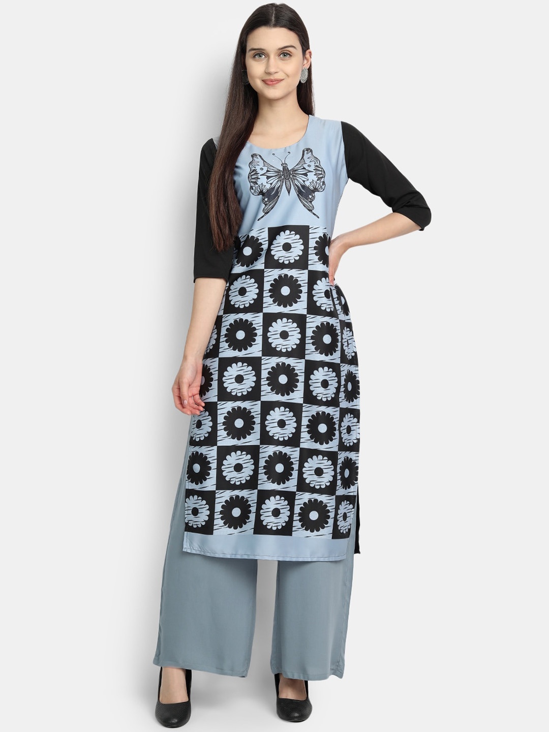 

7Threads Women Grey Printed Crepe Kurta
