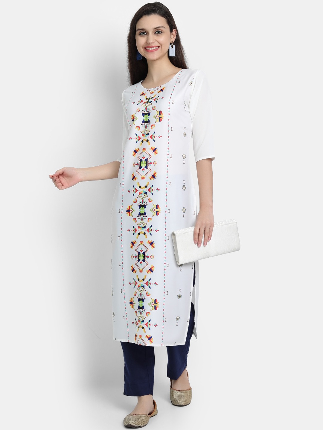 

7Threads Women White Floral Printed Thread Work Crepe Kurta