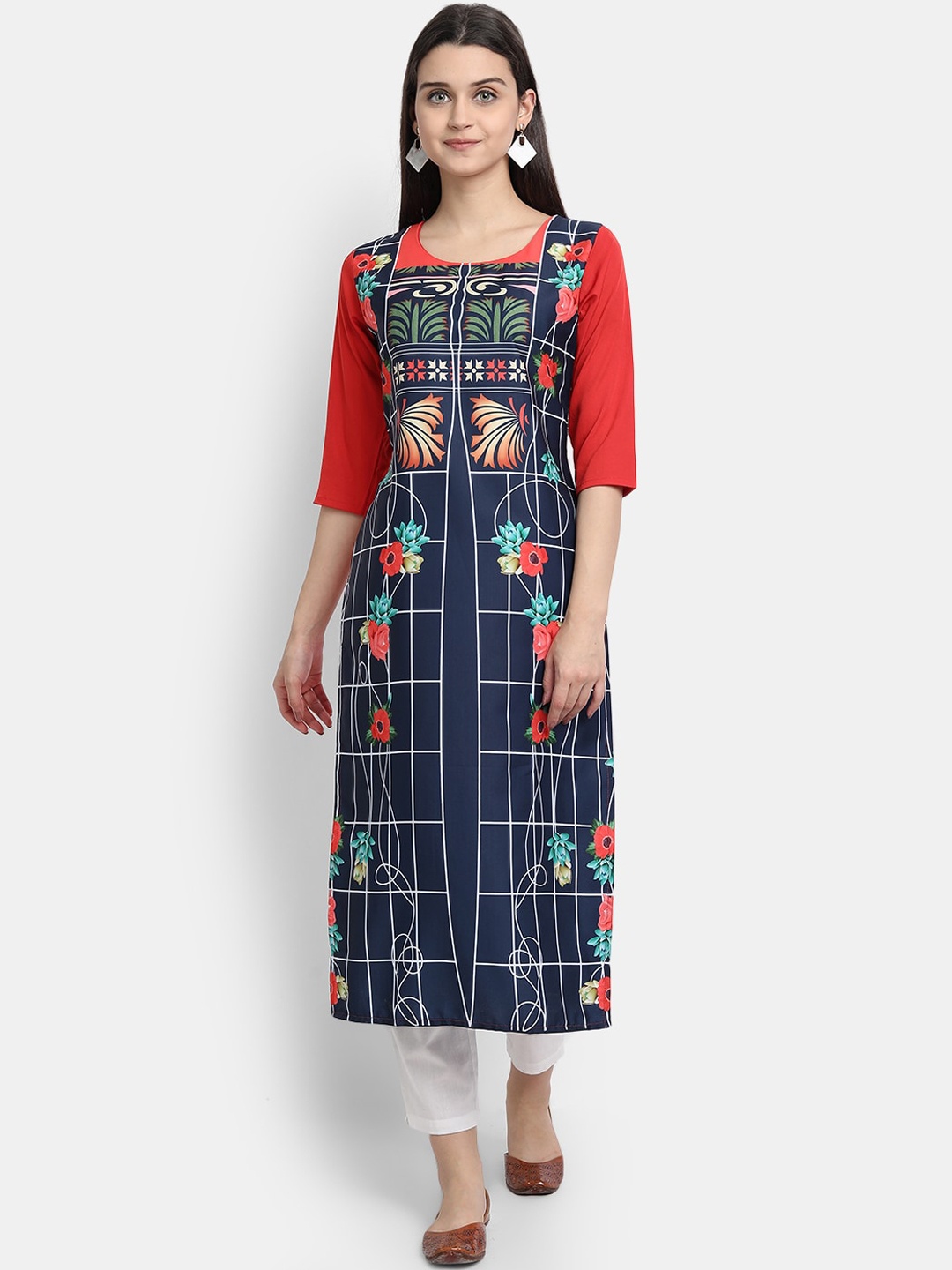 

KALINI Women Blue & Red Geometric Printed Crepe Kurta