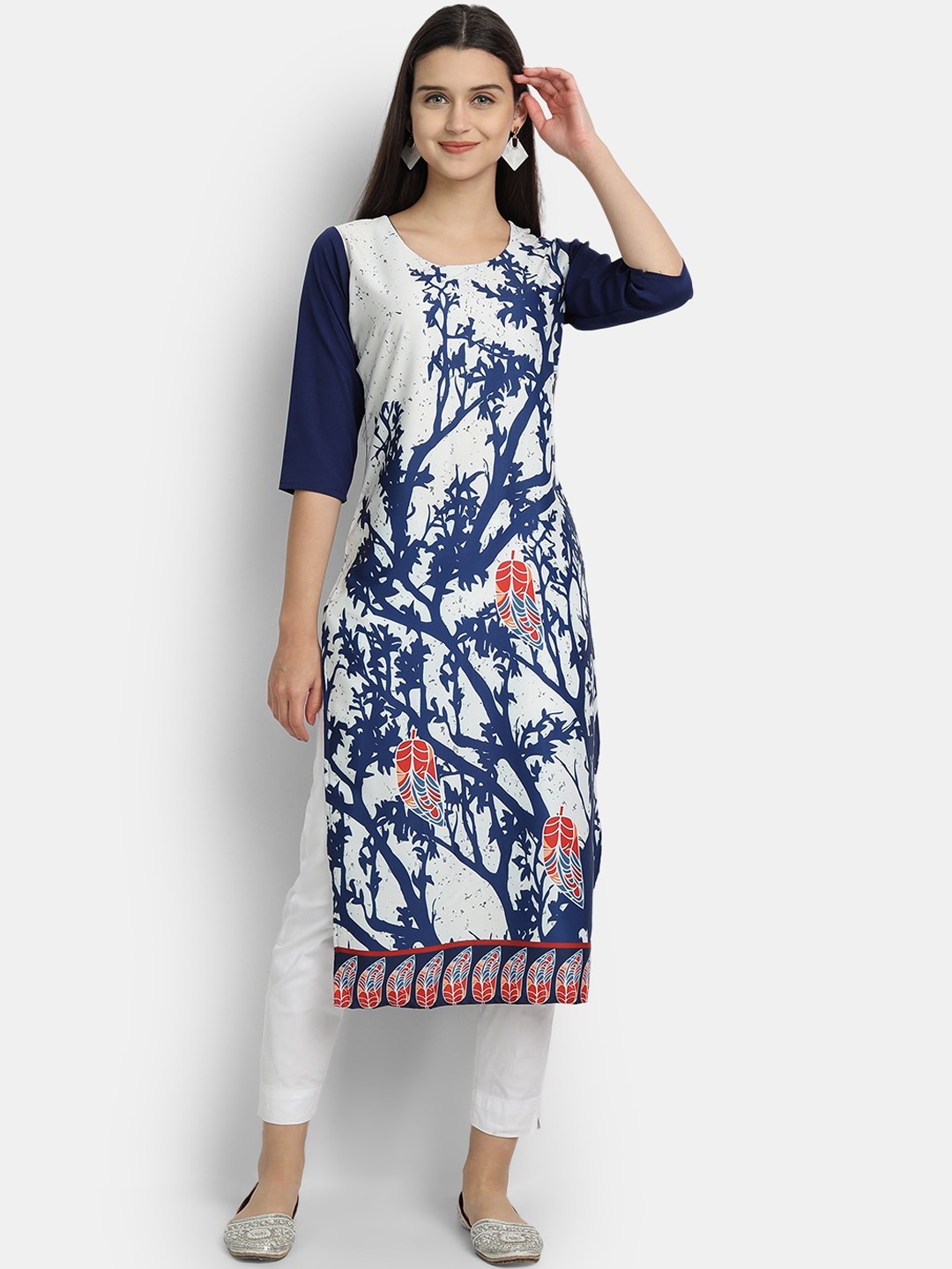 

7Threads Women Blue & White Floral Printed Crepe Straight Kurta