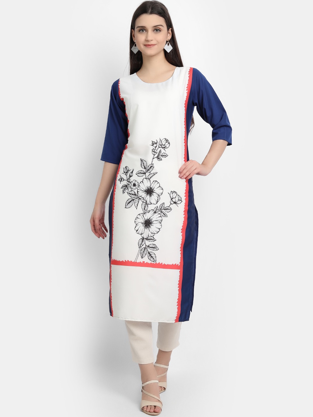 

7Threads Women White & Navy Blue Floral Printed Crepe Kurta