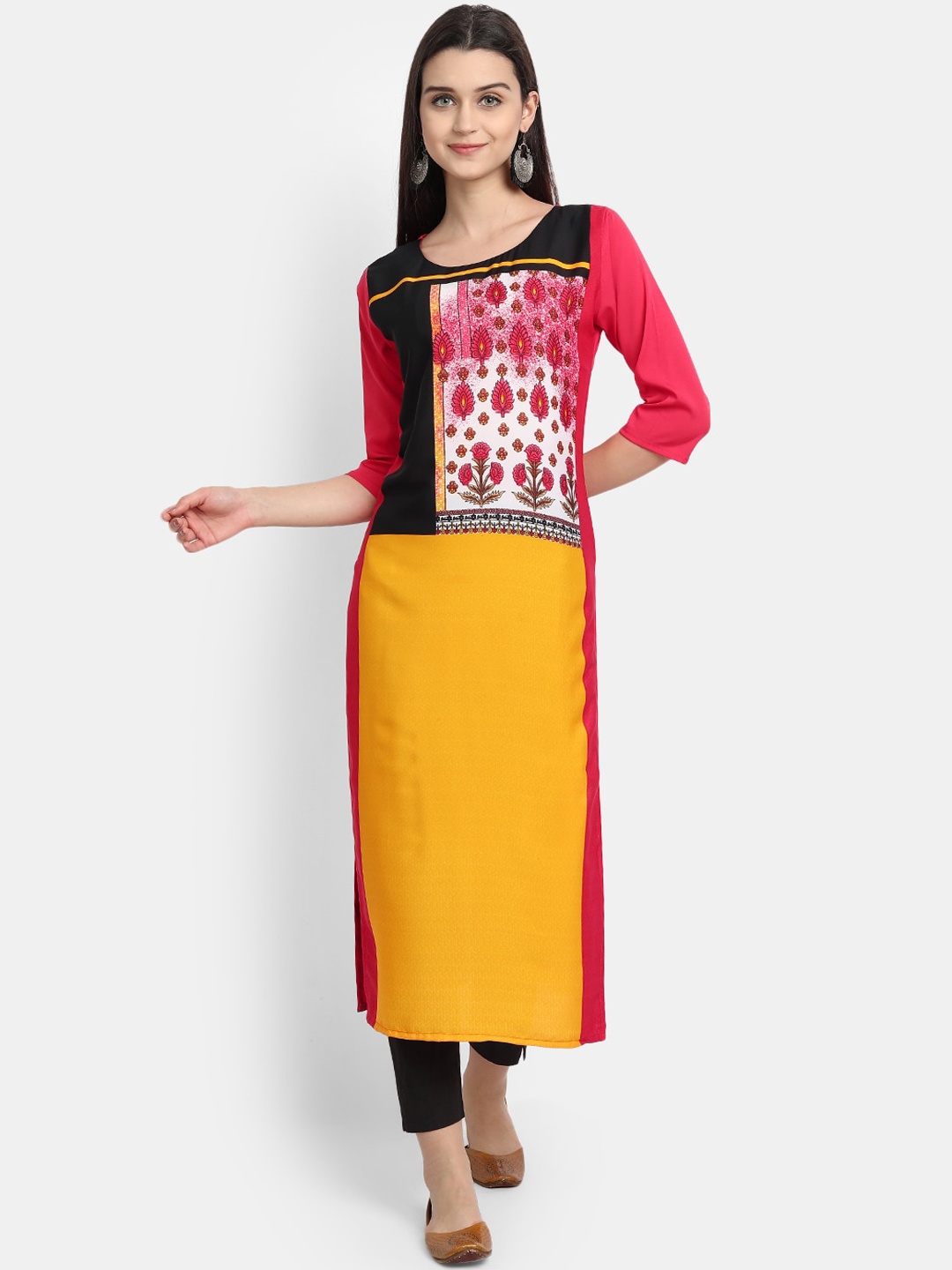 

7Threads Women Red & Yellow Colourblocked Digital Printed Straight Kurta, Pink