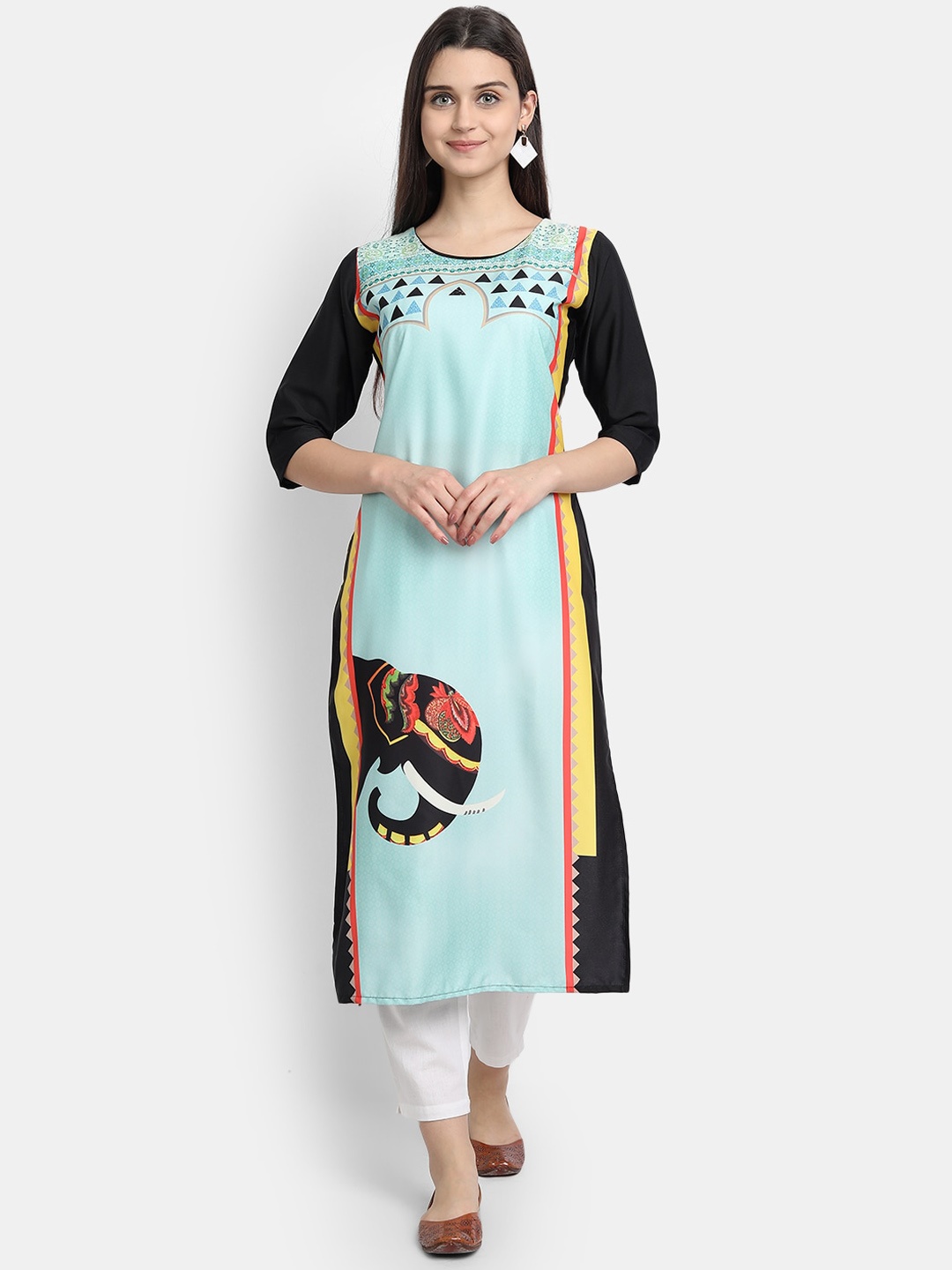 

7Threads Women Turquoise Blue & Black Printed Crepe Kurta