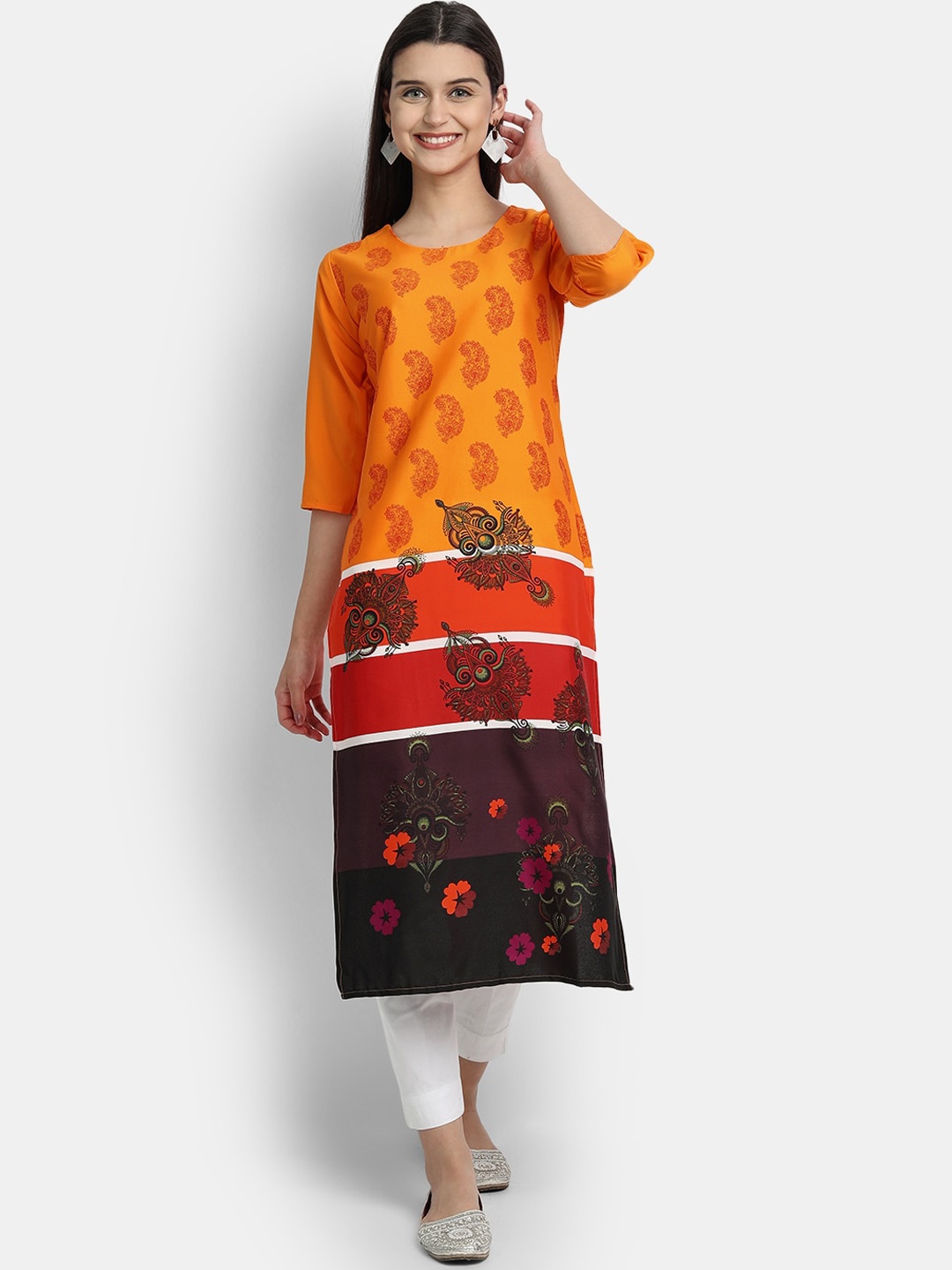 

7Threads Women Multicoloured Ethnic Motifs Printed Thread Work Crepe Kurta, Multi