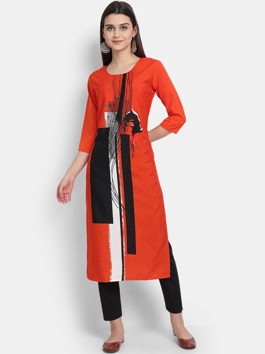 

7Threads Women Orange Printed Crepe Kurta