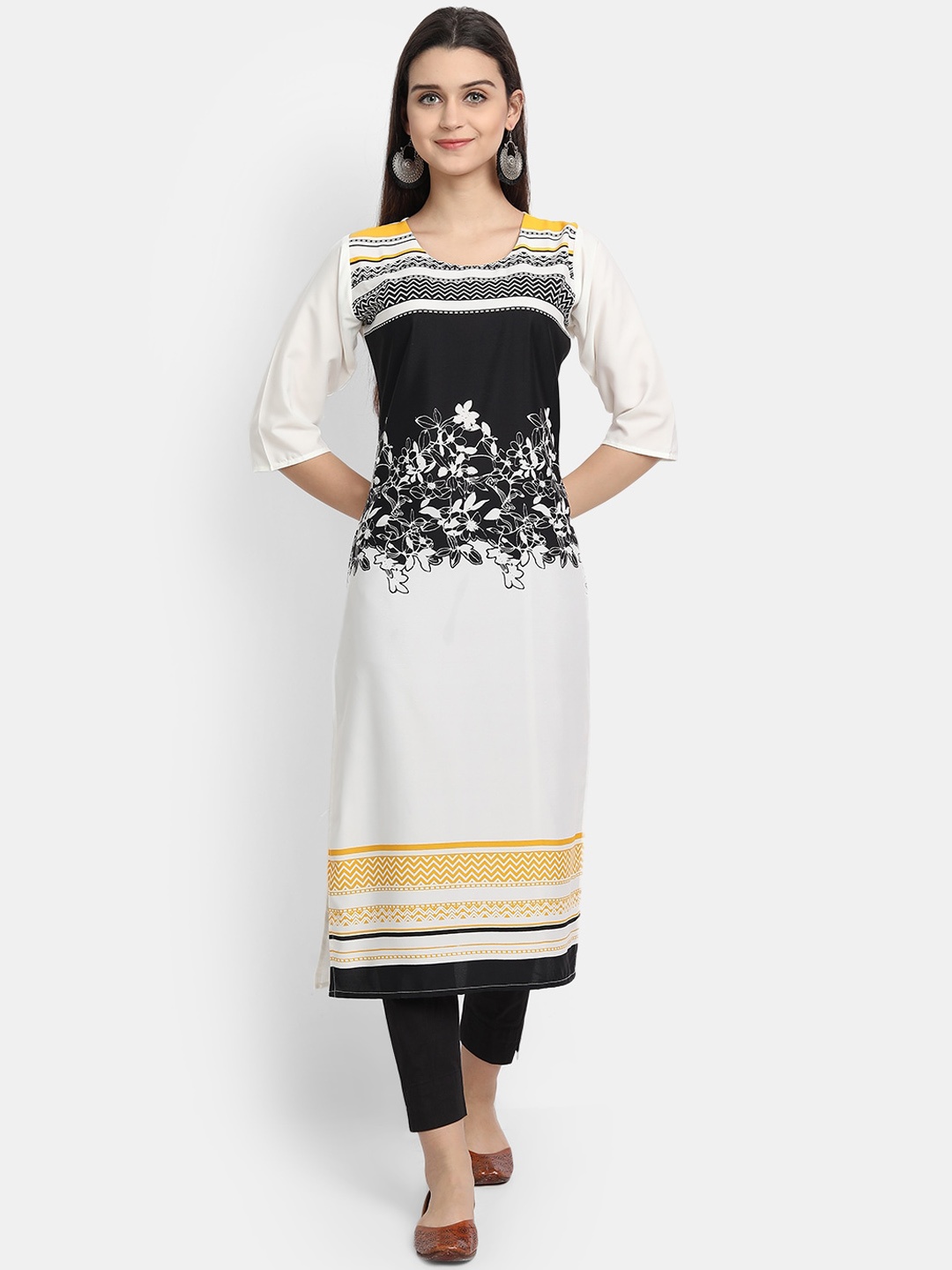 

7Threads Women White & Black Floral Printed Crepe Kurta