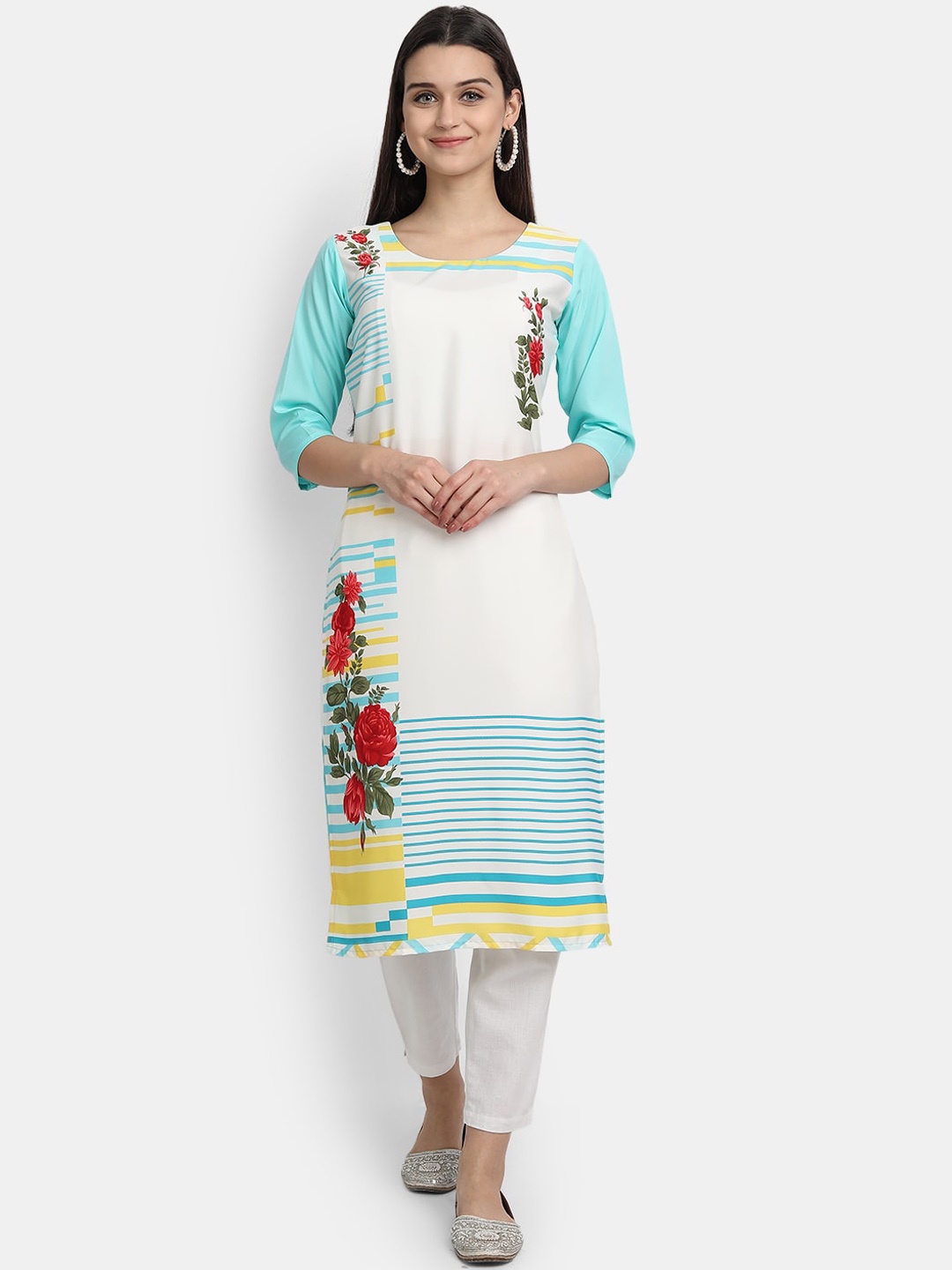 

7Threads Women White & Blue Floral Printed Crepe Kurta
