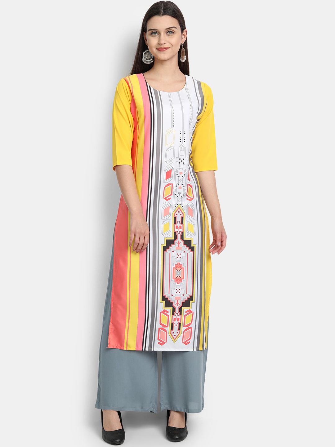 

7Threads Women Yellow & White Ethnic Motifs Printed Crepe Kurta