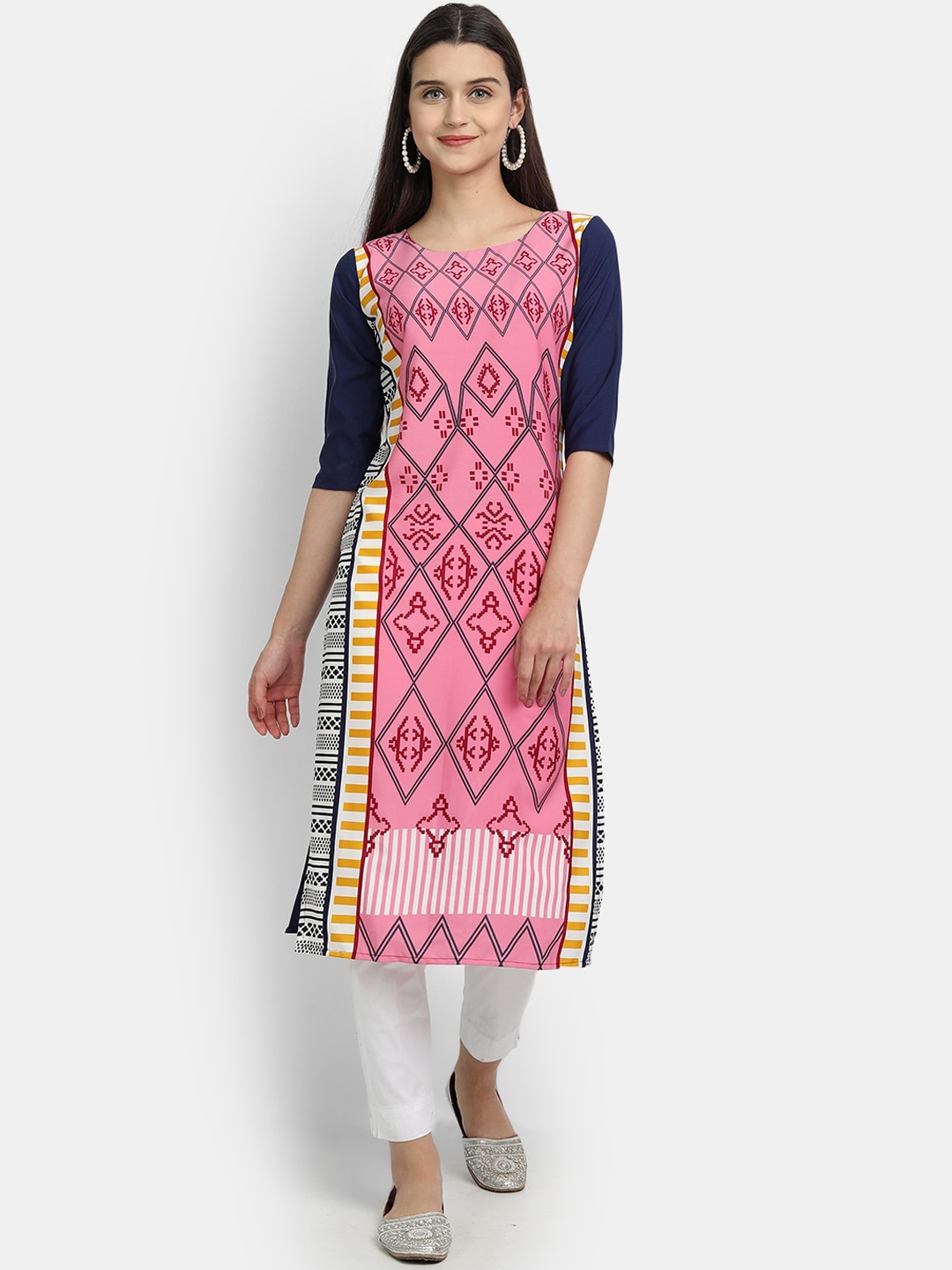 

7Threads Women Pink & Blue Tribal Printed Crepe Straight Kurta