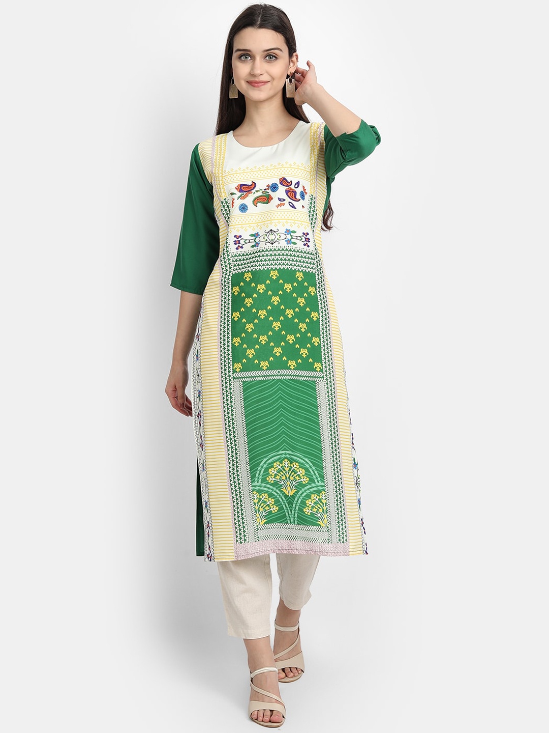 

7Threads Women Green & Yellow Ethnic Motifs Printed Crepe Straight Kurta