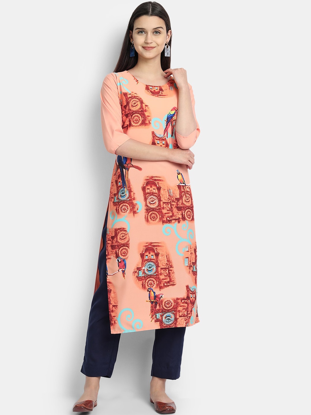 

7Threads Women Peach-Coloured & Blue Printed Crepe Kurta